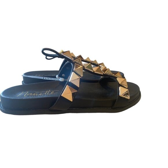 Nanette Lepore Gold Spike Stud Punk Gladiator Style Black cushioned arc support - Picture 5 of 9